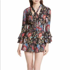 Alice + Olivia Macall V-Neck Tie Dark Floral Paisley Bell Sleeve Romper Size 2